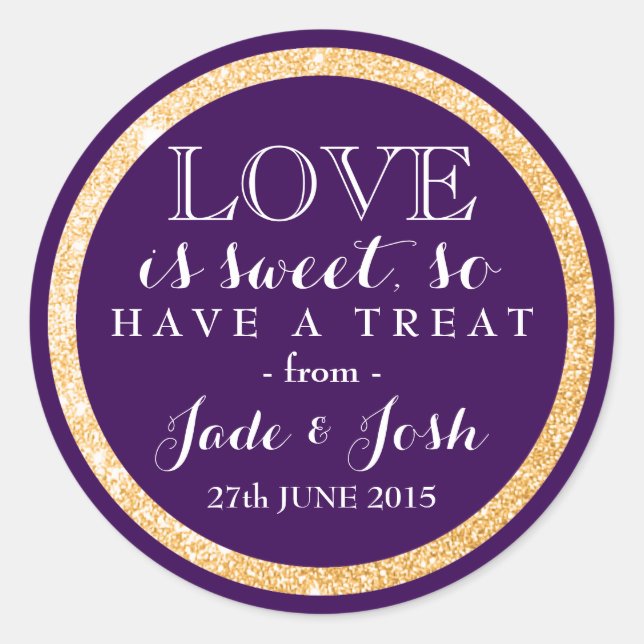 Gold Glitter on Plum Purple Wedding Favor Label (Front)