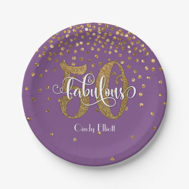 Gold Glitter on Purple 50 & Fabulous Birthday Paper Plates (Front)