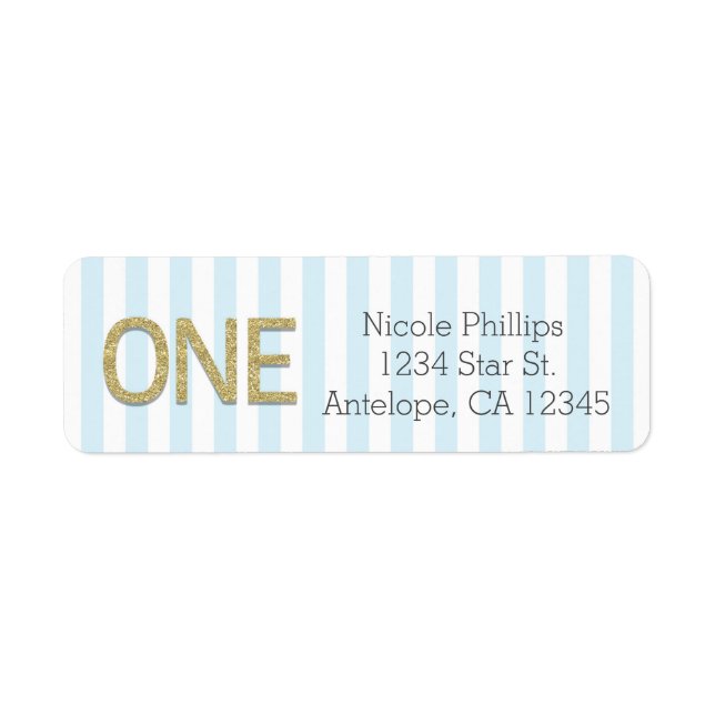 Gold Glitter ONE 1st Blue Stripes Address Labels (Front)