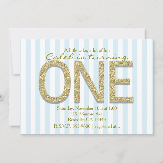 GOLD GLITTER ONE Blue Stripe 1st Party Invitations (Front)