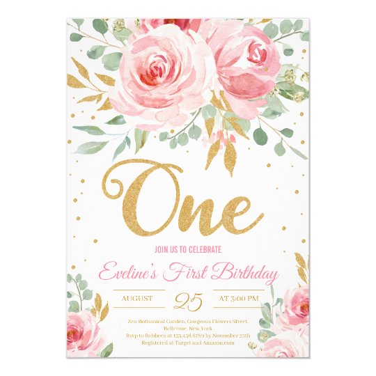 Gold glitter one blush pink floral first birthday invitation | Zazzle.com