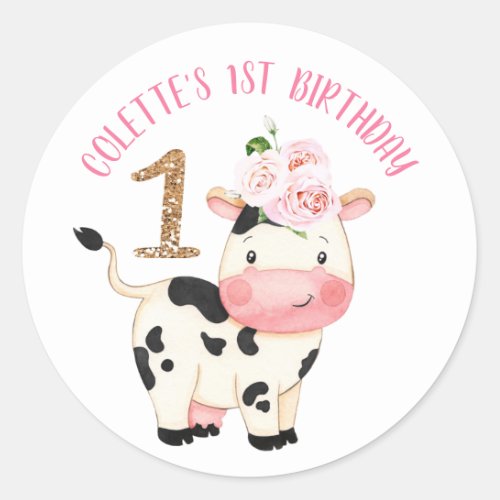 Gold Glitter One Cow  Moos First Birthday Classic Round Sticker