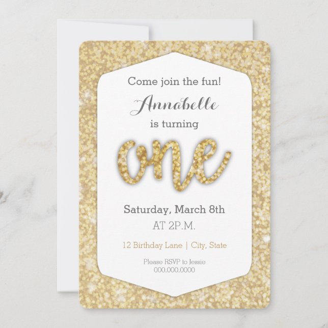 Gold Glitter "One" First Birthday Card (Front)