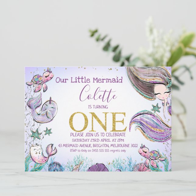 Gold Glitter One Mermaid 1st Birthday Invitation (Standing Front)