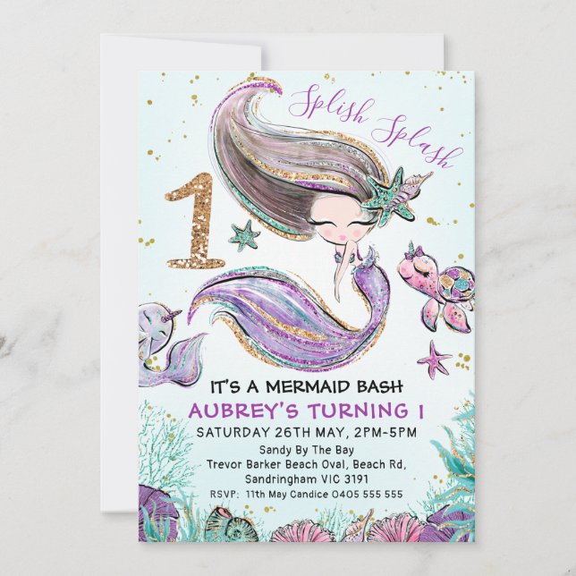 Gold Glitter One Purple Mermaid 1st Birthday Invitation (Front)