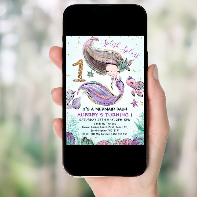 Gold Glitter One Purple Mermaid 1st Birthday Invitation (Front Digital)
