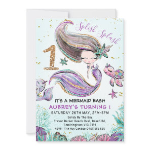 Gold Glitter One Purple Mermaid 1st Birthday Invitation