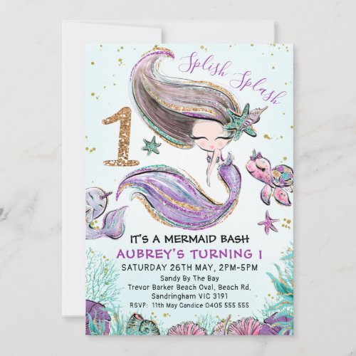 Gold Glitter One Purple Mermaid 1st Birthday Invitation