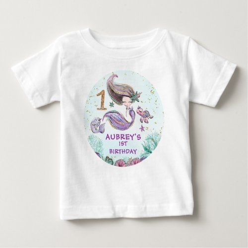 Gold Glitter One Purple Mermaid First Birthday  Baby T_Shirt