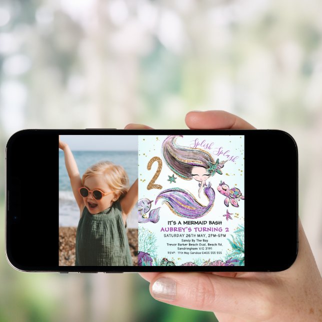 Gold Glitter One Purple Mermaid Photo 2nd Birthday Invitation (Front Digital)