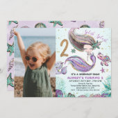 Gold Glitter One Purple Mermaid Photo 2nd Birthday Invitation (Front/Back)