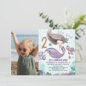 Gold Glitter One Purple Mermaid Photo 2nd Birthday Invitation (Standing Front)