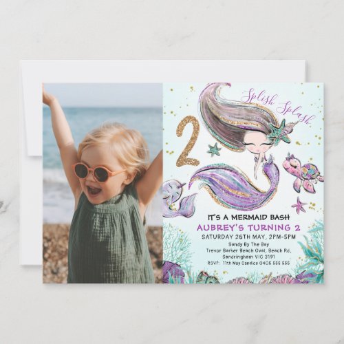 Gold Glitter One Purple Mermaid Photo 2nd Birthday Invitation