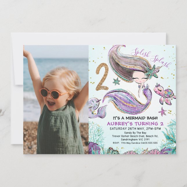 Gold Glitter One Purple Mermaid Photo 2nd Birthday Invitation (Front)
