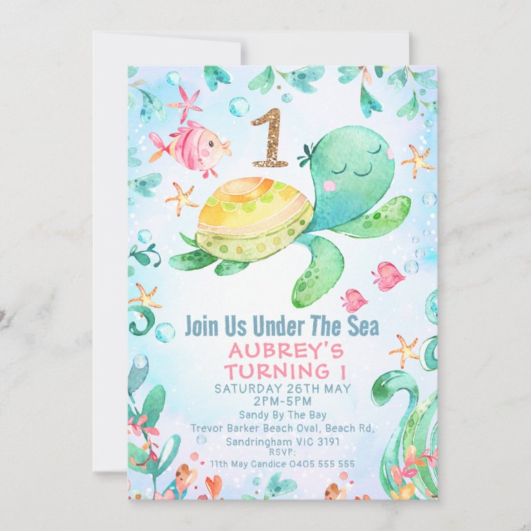 Gold Glitter One Sea Turtle Under Sea 1st                    Birthday Invitation