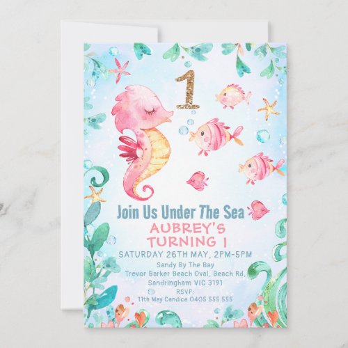 Gold Glitter One Seahorse Under Sea 1st Birthday Invitation