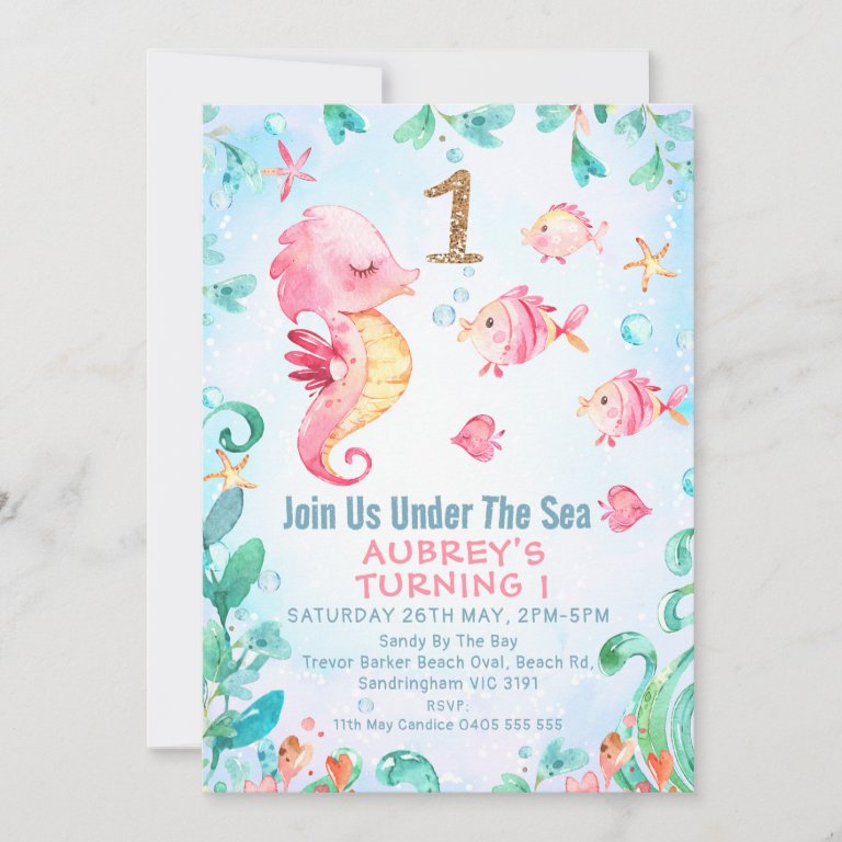 Gold Glitter One Seahorse Under Sea 1st Birthday                    Invitation