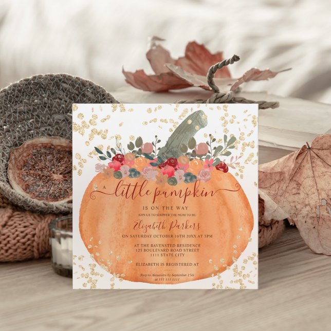 Gold glitter orange pumpkin watercolor baby shower invitation (Gold glitter orange pumpkin watercolor baby shower invitation)