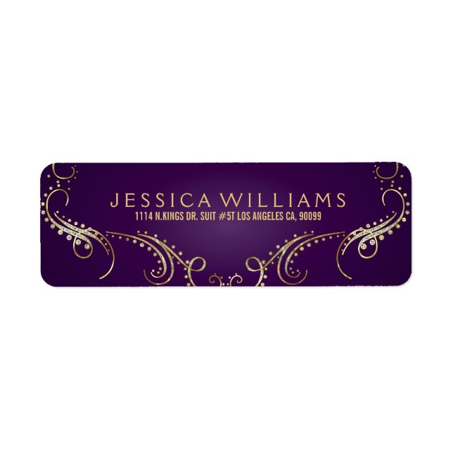 Gold Glitter Ornate Floral Frame On Purple Label (Front)