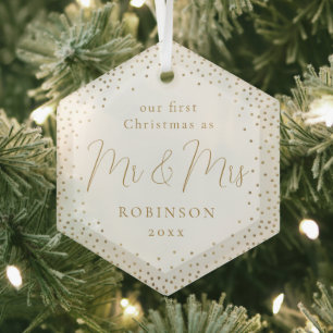 Gold Glitter Our First Christmas Mr & Mrs Script Glass Ornament