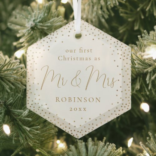 Gold Glitter Our First Christmas Mr  Mrs Script Glass Ornament