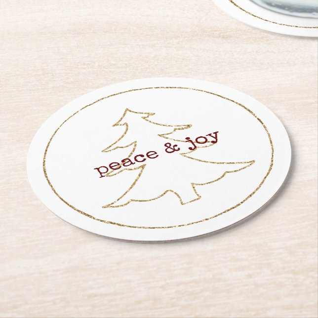 Gold Glitter Outline Christmas Tree Round Paper Coaster (Angled)