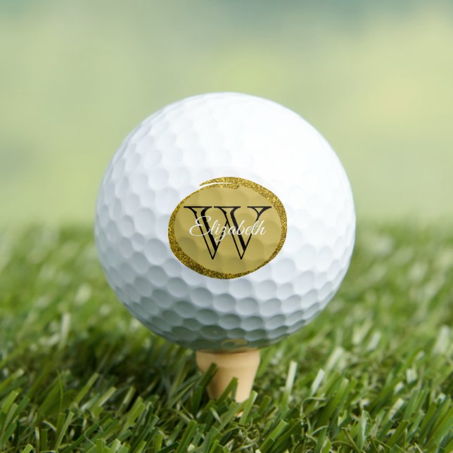 Gold Glitter Oval Black Letter Monogram Custom Golf Balls (Insitu Tee)