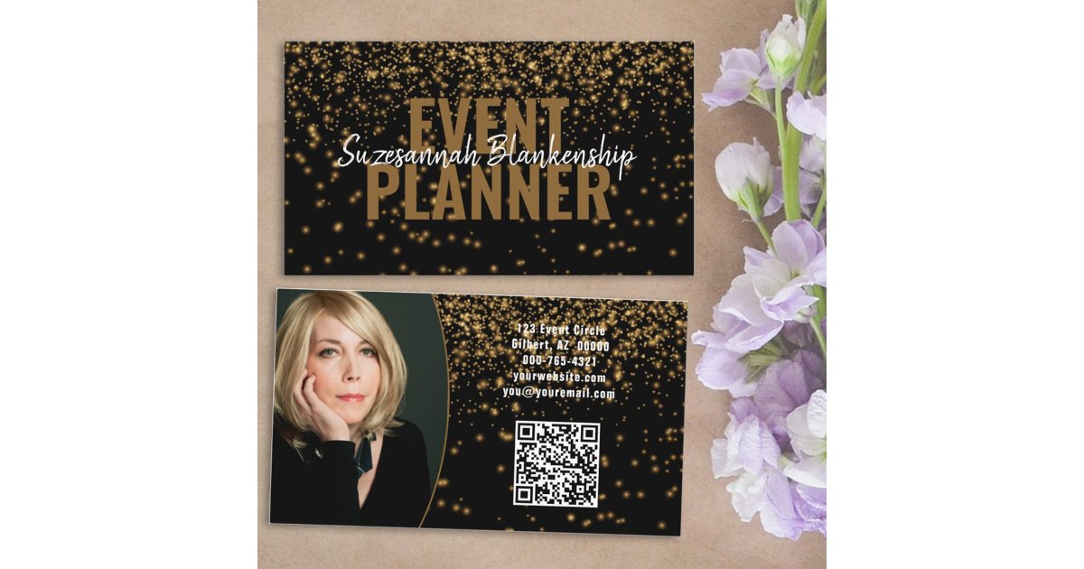 Gold Glitter Over Black Custom Photo QR Code Business Card | Zazzle