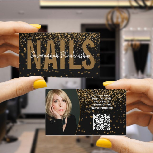 Gold Glitter Over Black Custom Photo QR Code Business Card (This business card front and back offer all your information with custom photo and QR code link. )