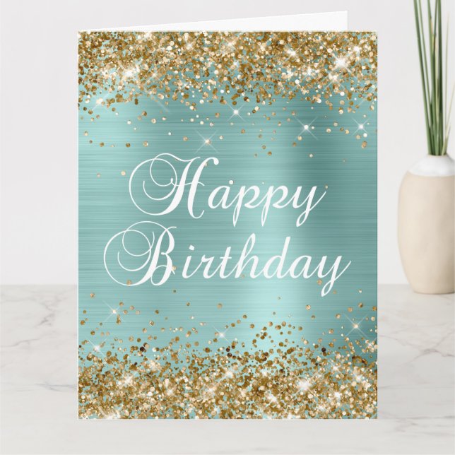 Gold Glitter Pale Turquoise Big Happy Birthday Card (Front)