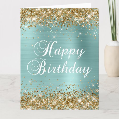 Gold Glitter Pale Turquoise Big Happy Birthday Card
