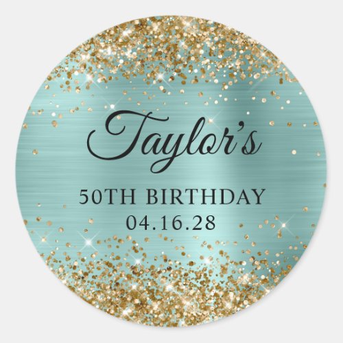 Gold Glitter Pale Turquoise Foil 50th Birthday Classic Round Sticker