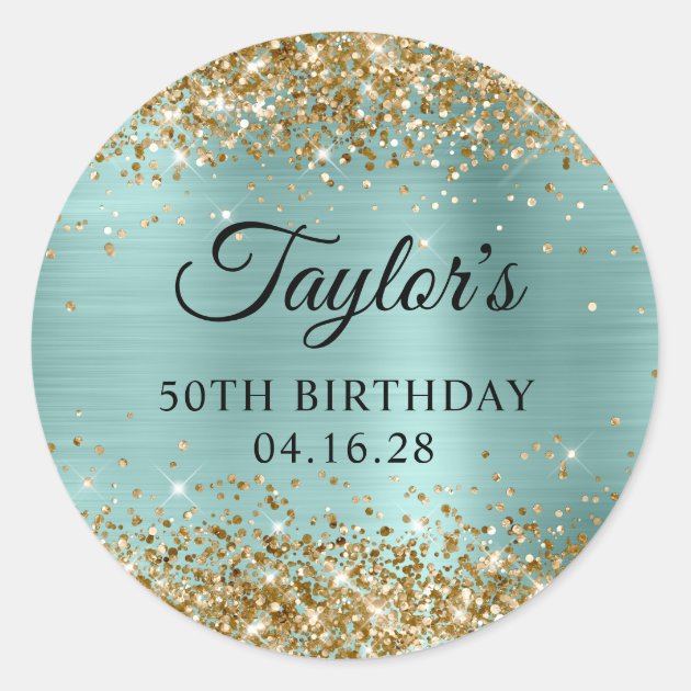 Gold Glitter Pale Turquoise Foil 50th Birthday Classic Round Sticker ...