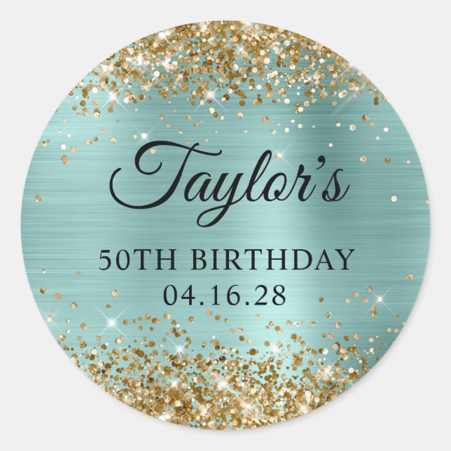 Gold Glitter Pale Turquoise Foil 50th Birthday Classic Round Sticker (Front)