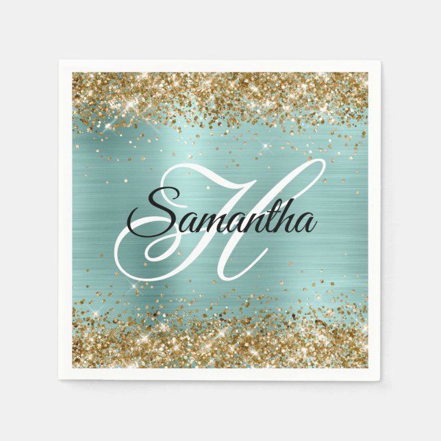 Gold Glitter Pale Turquoise Foil Monogram Napkins (Front)