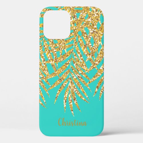 Gold Glitter Palm Frond Name Personalize Turquoise iPhone 12 Case