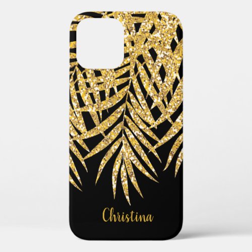 Gold Glitter Palm Fronds Name Personalized Black iPhone 12 Case
