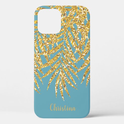 Gold Glitter Palm Fronds Name Personalized Blue iPhone 12 Case