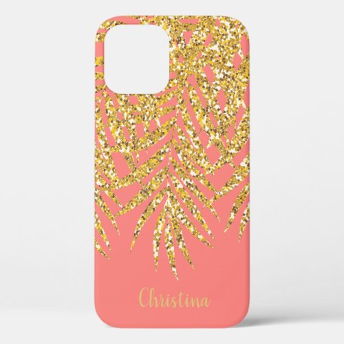 Gold Glitter Palm Fronds Name Personalized Coral iPhone 12 Case