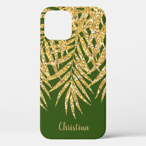 Gold Glitter Palm Fronds Name Personalized Green iPhone 12 Case
