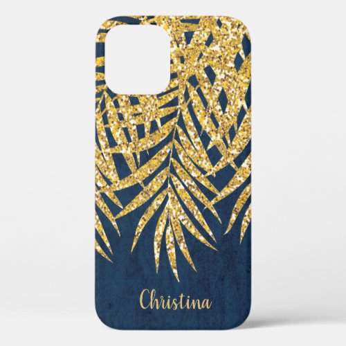 Gold Glitter Palm Fronds Name Personalized Navy iPhone 12 Case