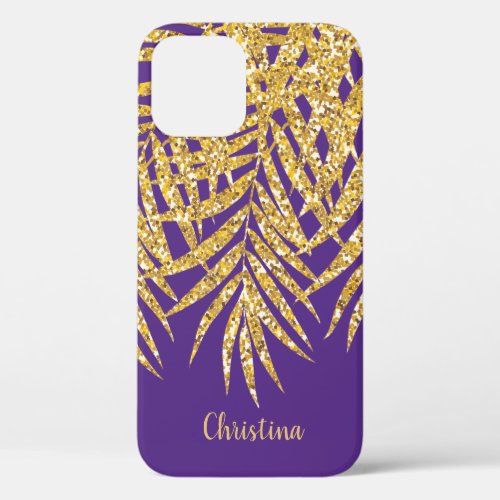 Gold Glitter Palm Fronds Name Personalized Purple iPhone 12 Case