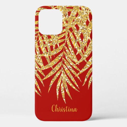 Gold Glitter Palm Fronds Name Personalized Red iPhone 12 Case