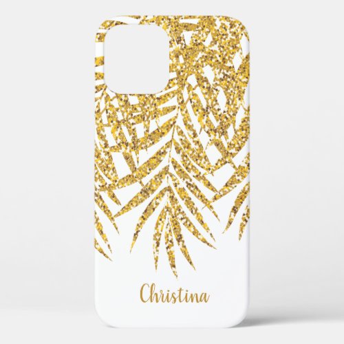 Gold Glitter Palm Fronds Name Personalized White iPhone 12 Case