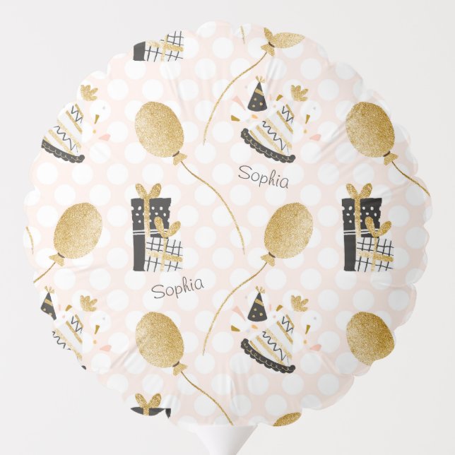 Gold Glitter Party Hats and Kids Name Birthday Balloon (Back)