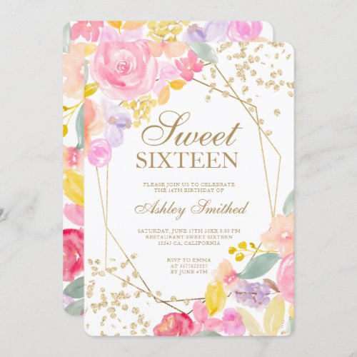 Gold glitter pastel floral watercolor Sweet 16 Invitation