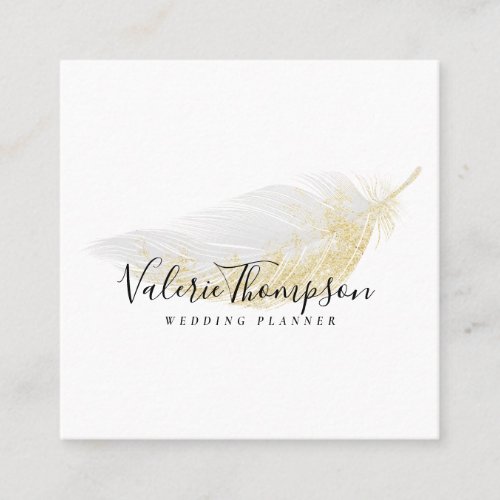 Gold glitter pastel gray feather modern elegant square business card