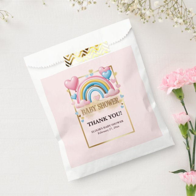 Gold Glitter Pastel Hearts and Rainbow Baby Shower Favor Bag (Sealed)