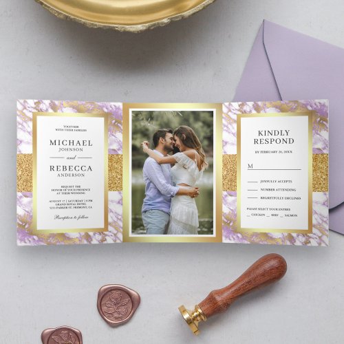 Gold Glitter Pastel Lavender Marble Photo Wedding Tri_Fold Invitation