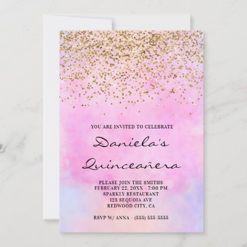 Gold Glitter Pastel Pink Watercolor Quinceaera Invitation